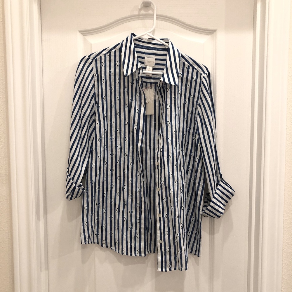 Chico's Size 1 Linen Stripe Button Down Shirt